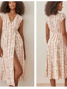 Reformation Carina Floral Striped V-Neck Dress | size M